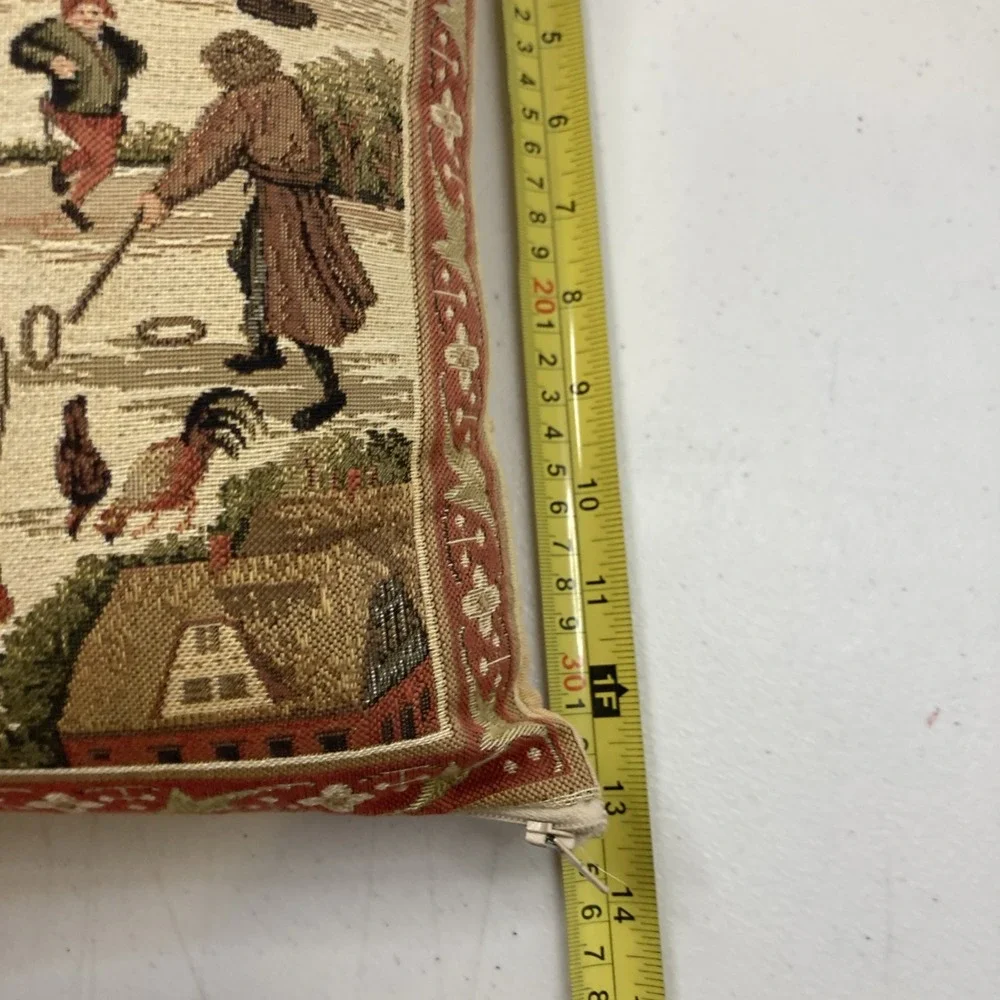 Vtg Scottish Tapestry Throw Pillow Crewel Cottage‎ Scene 13 X13